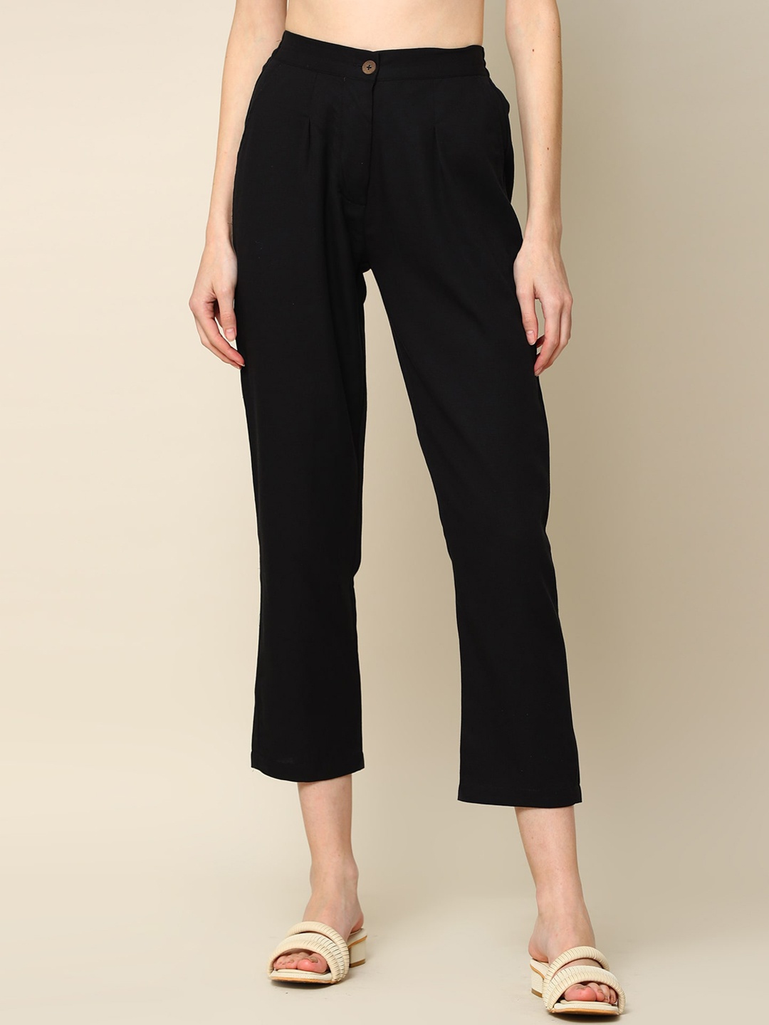 

Saltpetre Women Classic Tapered Fit Pleated Cropped Trousers, Black