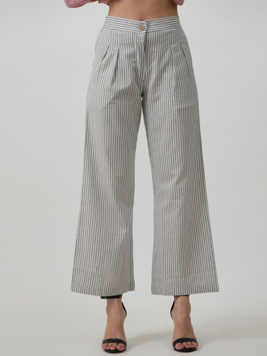 

Saltpetre Women Classic Striped Straight Fit Pleated Parallel Trousers, Cream