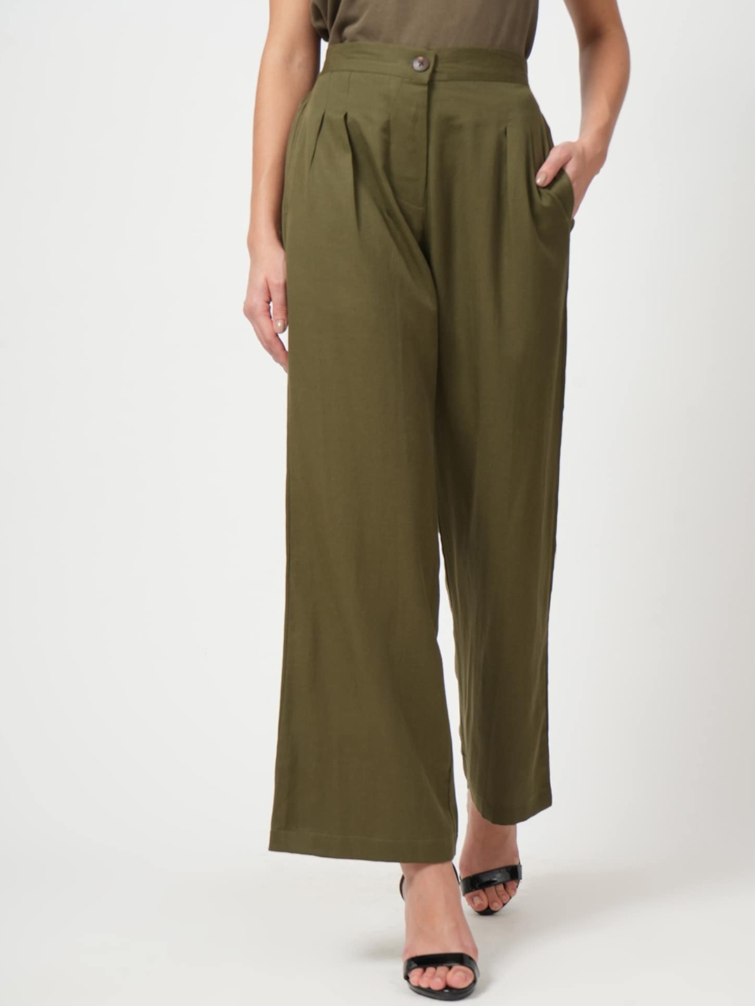 

Saltpetre Women Classic Straight Fit Pleated Parallel Trousers, Olive