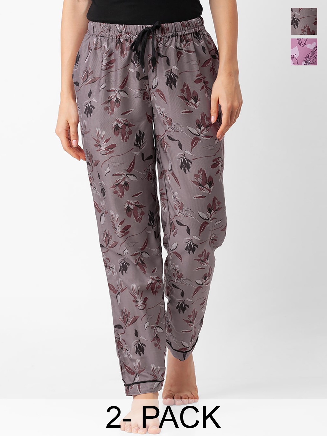 

NOIRA Women Pack Of 2 Floral Printed Lounge Pants, Grey