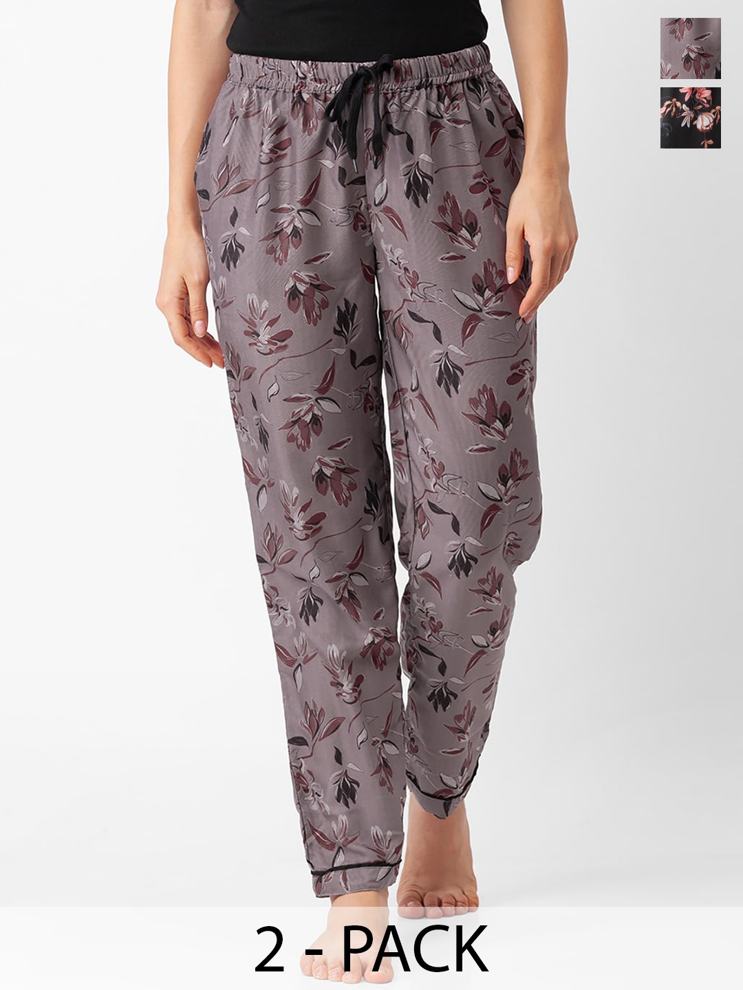 

NOIRA Women Pack Of 2 Floral Printed Lounge Pants, Grey