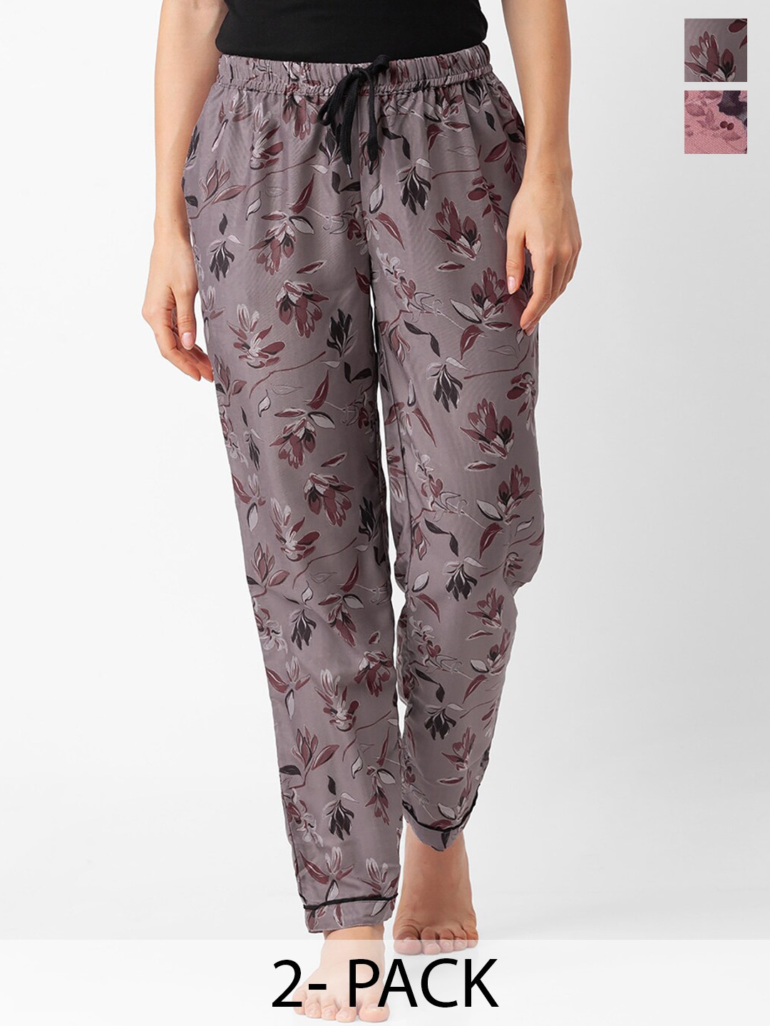 

NOIRA Women Pack Of 2 Floral Printed Lounge Pants, Grey