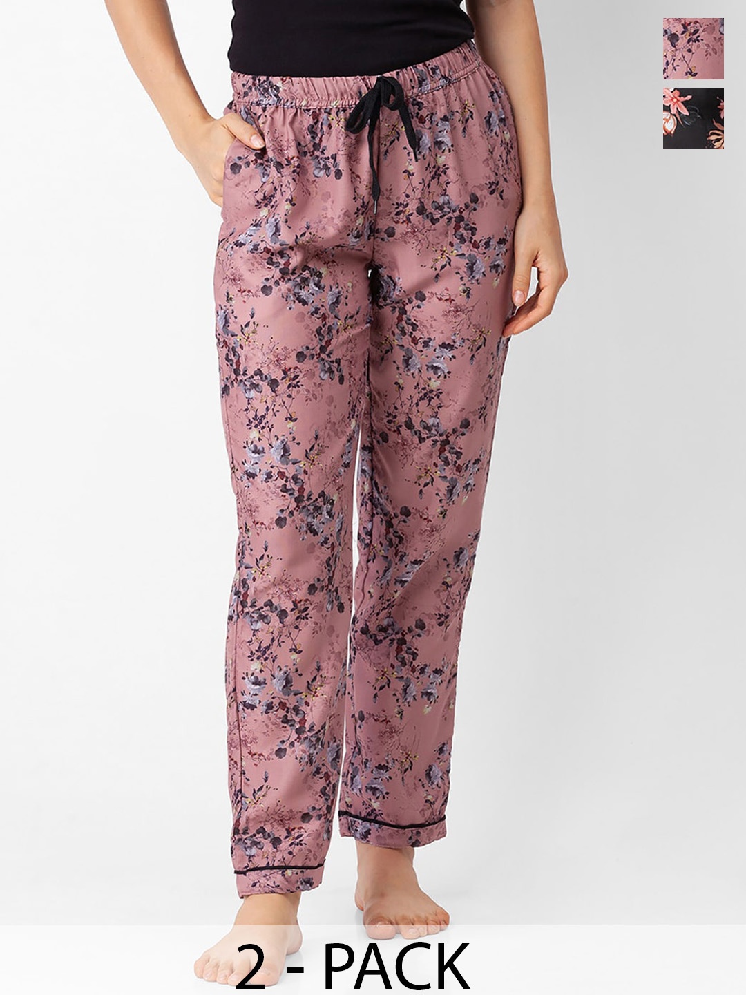 

NOIRA Women Pack Of 2 Floral Printed Lounge Pants, Pink