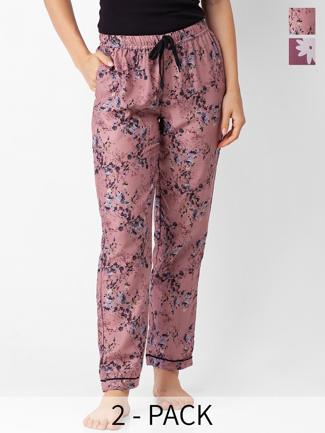 

NOIRA Women Pack Of 2 Floral Printed Lounge Pants, Pink