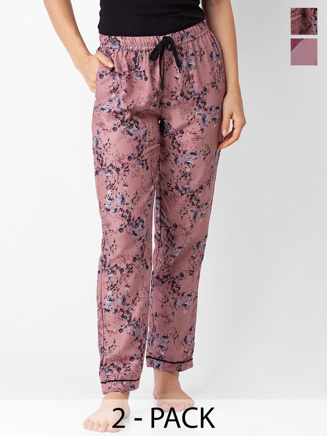 

NOIRA Women Pack Of 2 Floral Printed Lounge Pants, Pink