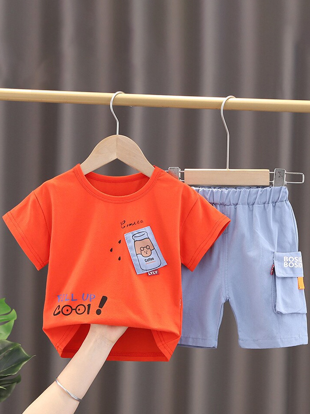 

HERE&NOW Boys Printed Pure Cotton T-shirt with Denim Shorts, Orange