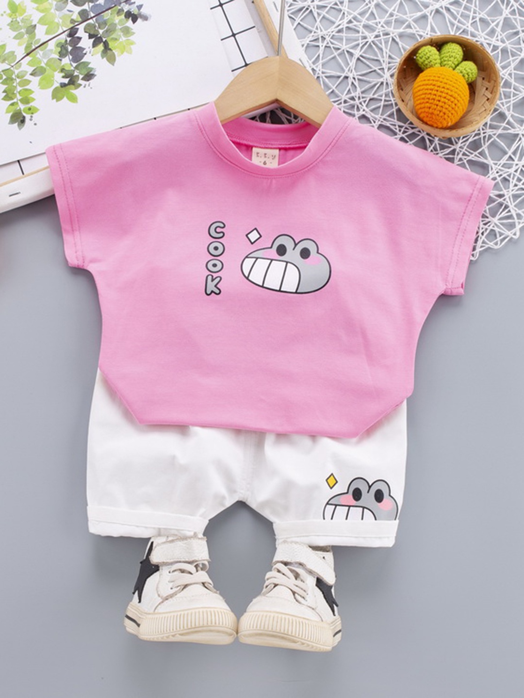 

HERE&NOW Boys Printed Pure Cotton T-shirt with Denim Shorts, Pink