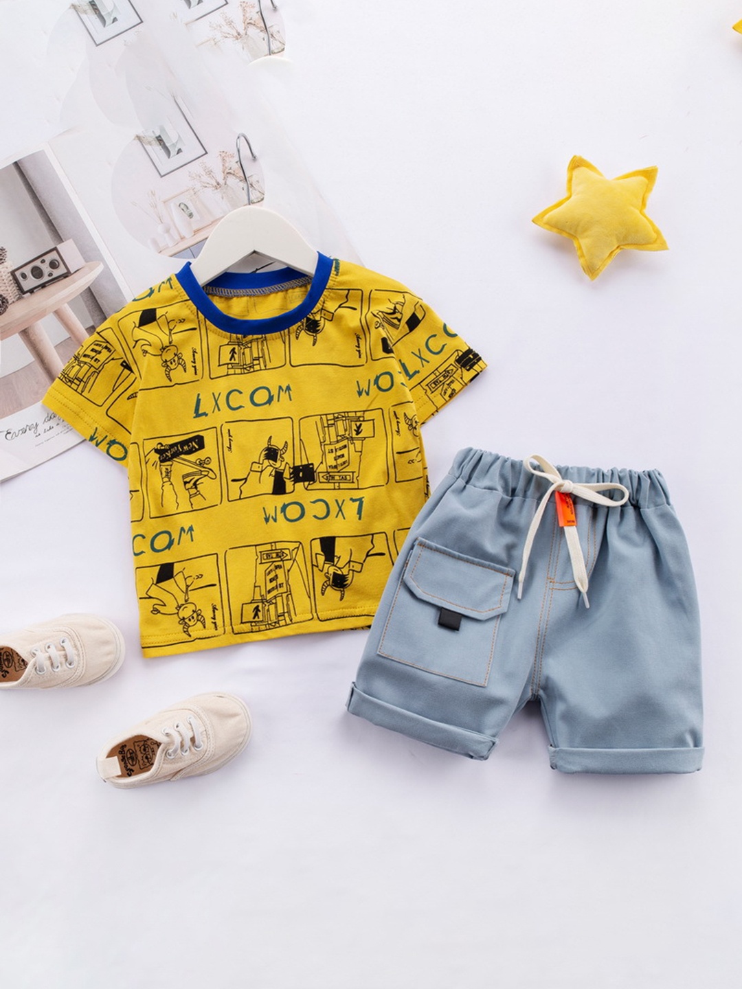 

HERE&NOW Boys Printed Pure Cotton T-shirt with Denim Shorts, Yellow