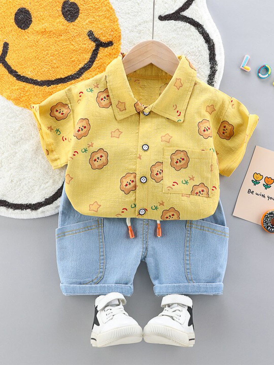 

HERE&NOW Boys Printed Pure Cotton T-shirt with Denim Shorts, Yellow
