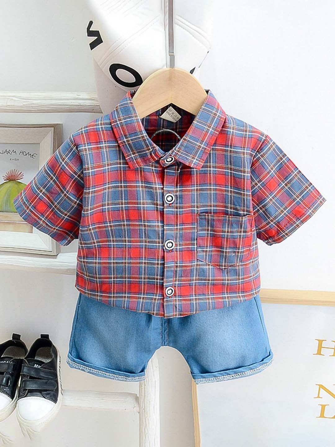

HERE&NOW Boys Printed Pure Cotton Shirt with Denim Shorts, Blue