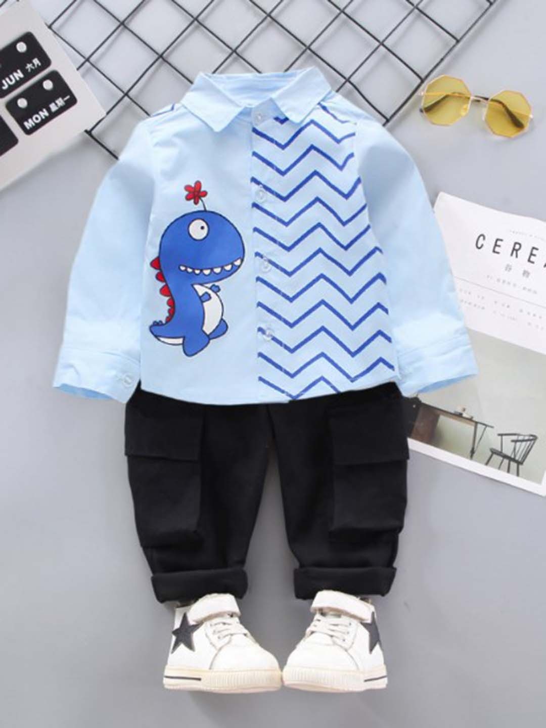 

HERE&NOW Boys Printed Pure Cotton Shirt with Denim Trousers, Blue