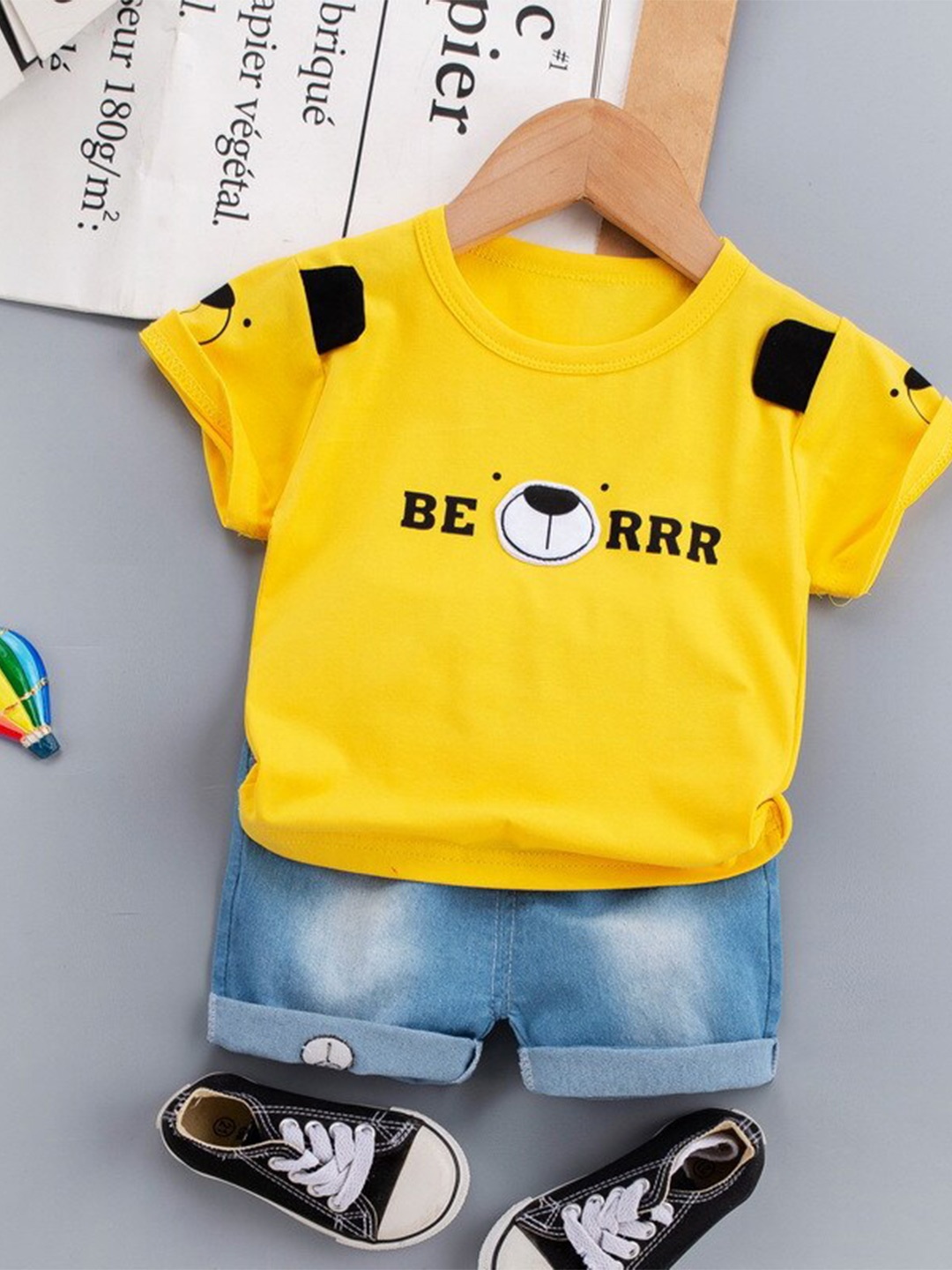 

HERE&NOW Boys Printed Pure Cotton T-shirt with Denim Shorts, Yellow