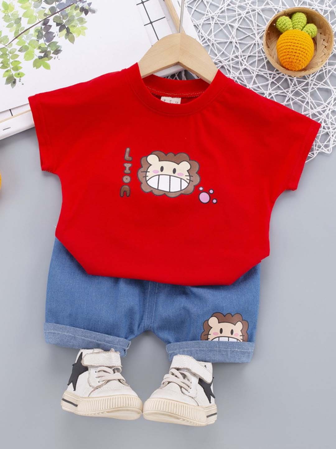 

HERE&NOW Boys Printed Pure Cotton T-shirt with Denim Shorts, Red