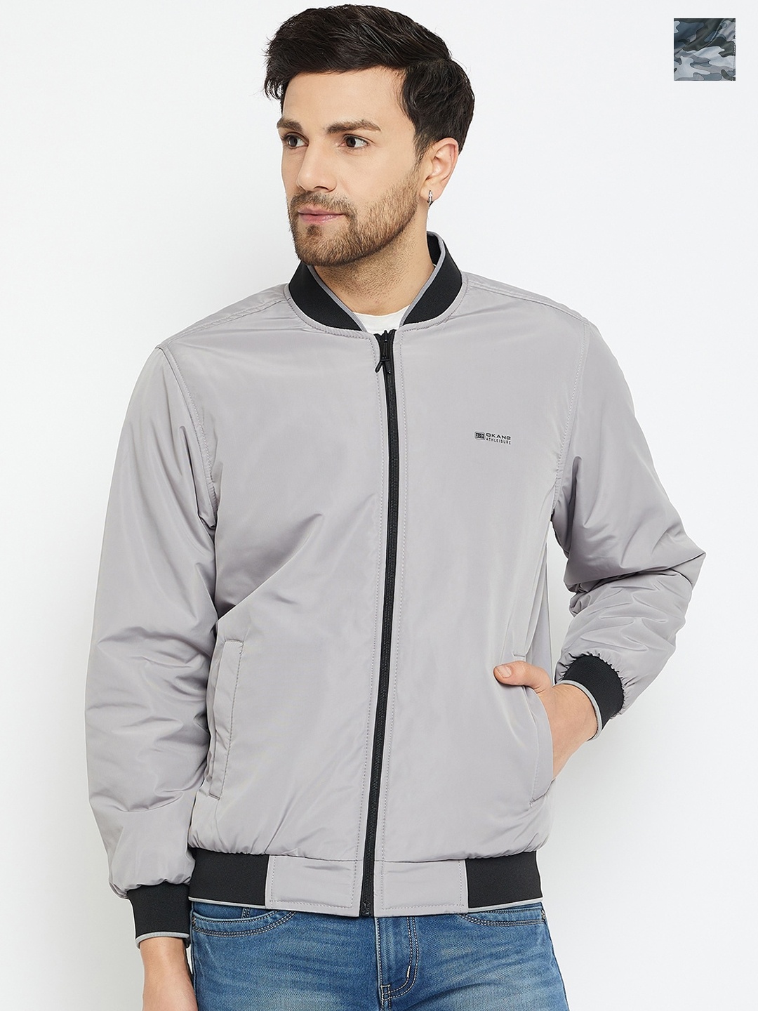 

Okane Camouflage Printed Reversible Bomber Jacket, Grey