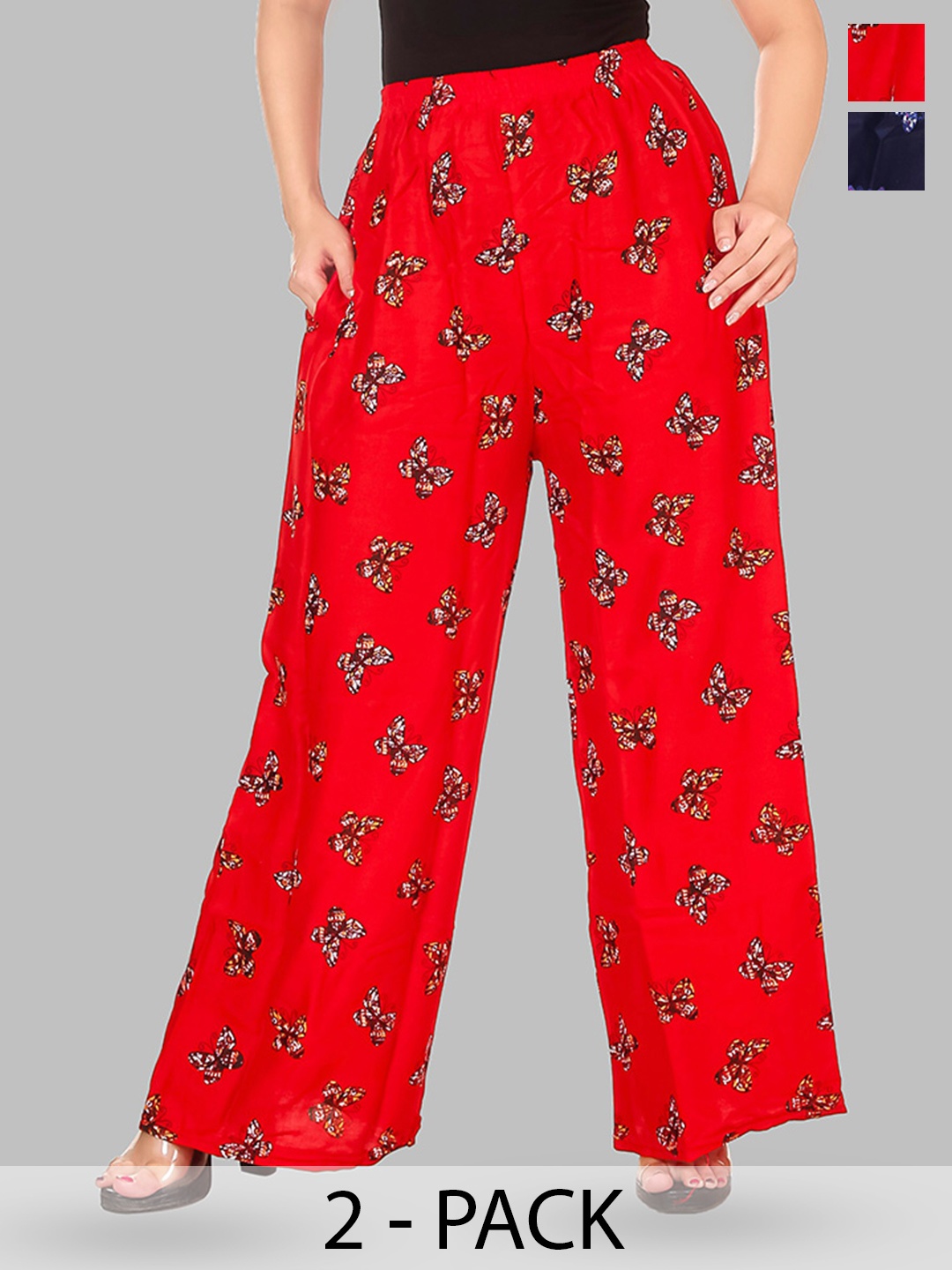 

BAESD Women Pack of 2 Graphic Printed Chambray Palazzos, Red