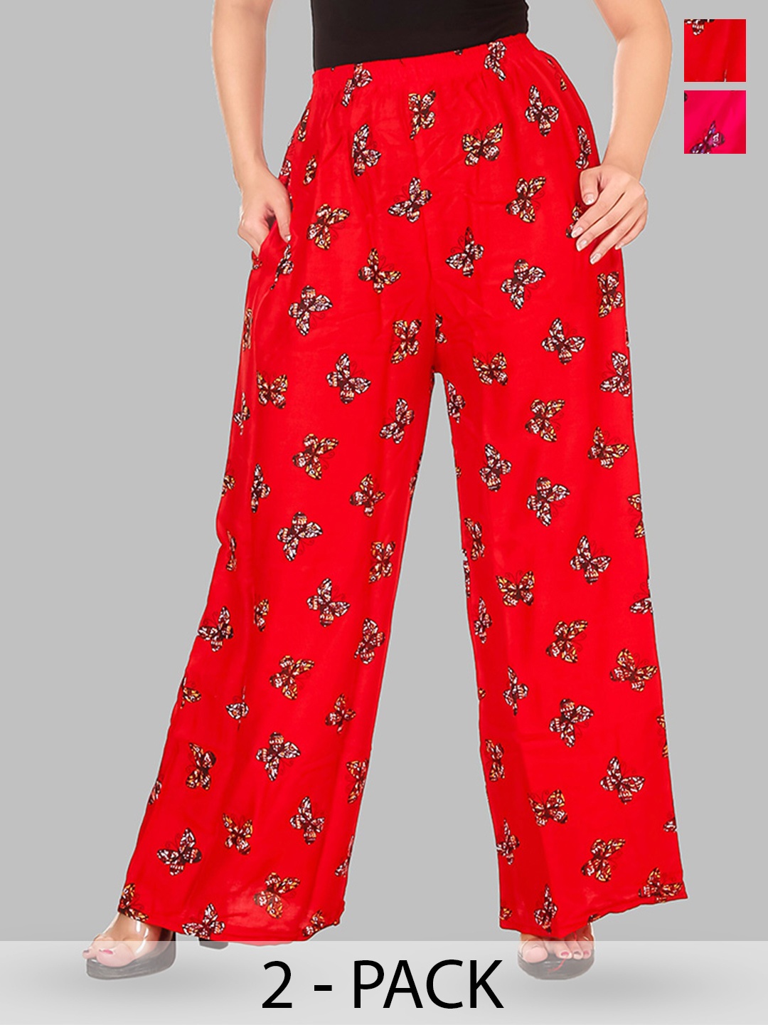 

BAESD Women Pack of 2 Graphic Printed Chambray Palazzos, Red