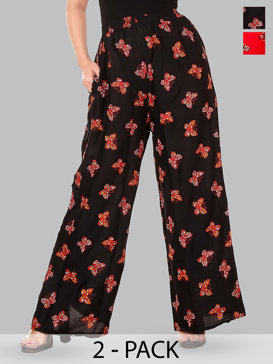 

BAESD Women Pack of 2 Graphic Printed Chambray Palazzos, Black