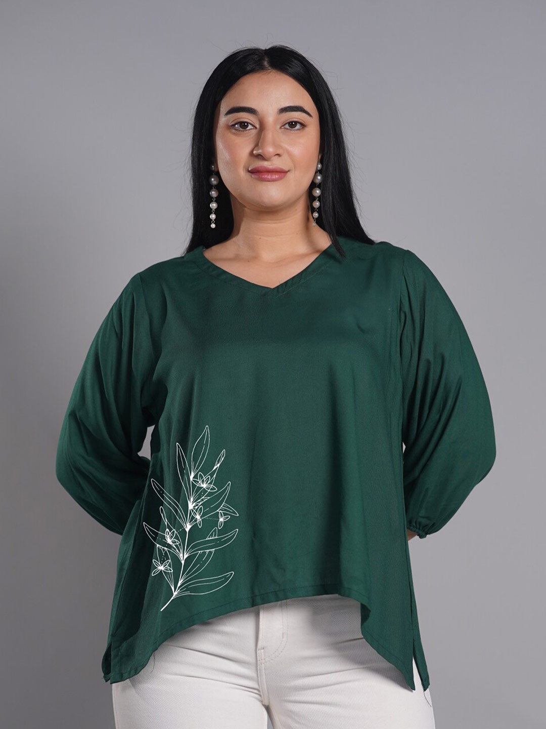 

LetsDressUp V Neck Printed Three-Quarter Puff Sleeves Cotton Top, Green