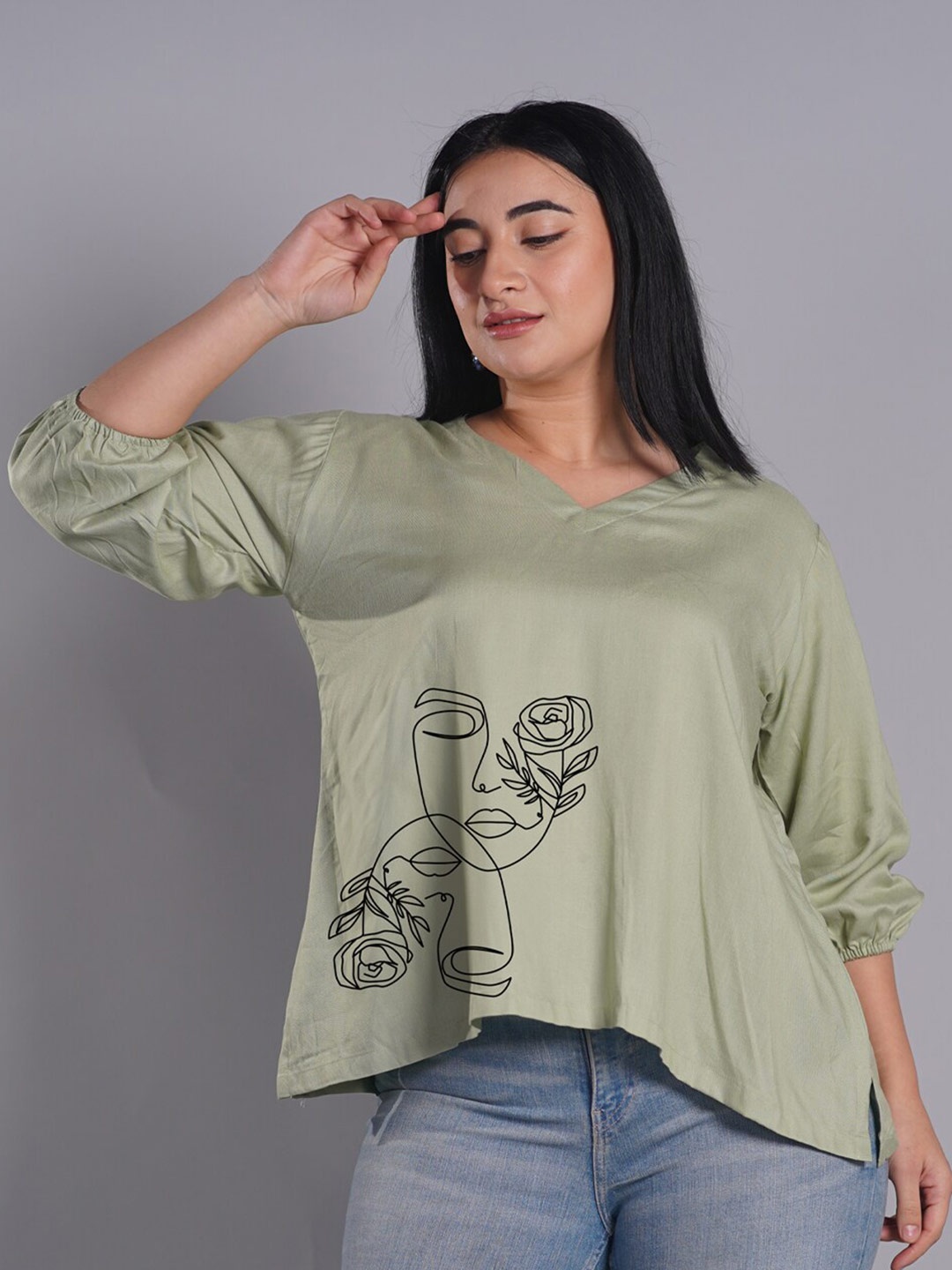 

LetsDressUp V Neck Graphic Printed Three-Quarter Puff Sleeves Cotton Top, Olive