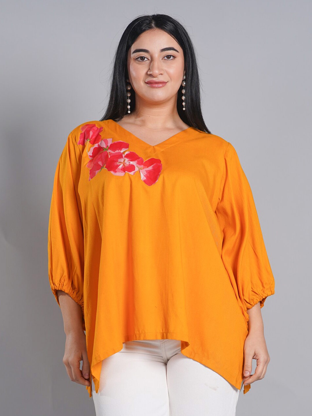 

LetsDressUp V Neck Floral Printed Three-Quarter Puff Sleeves Cotton Top, Mustard