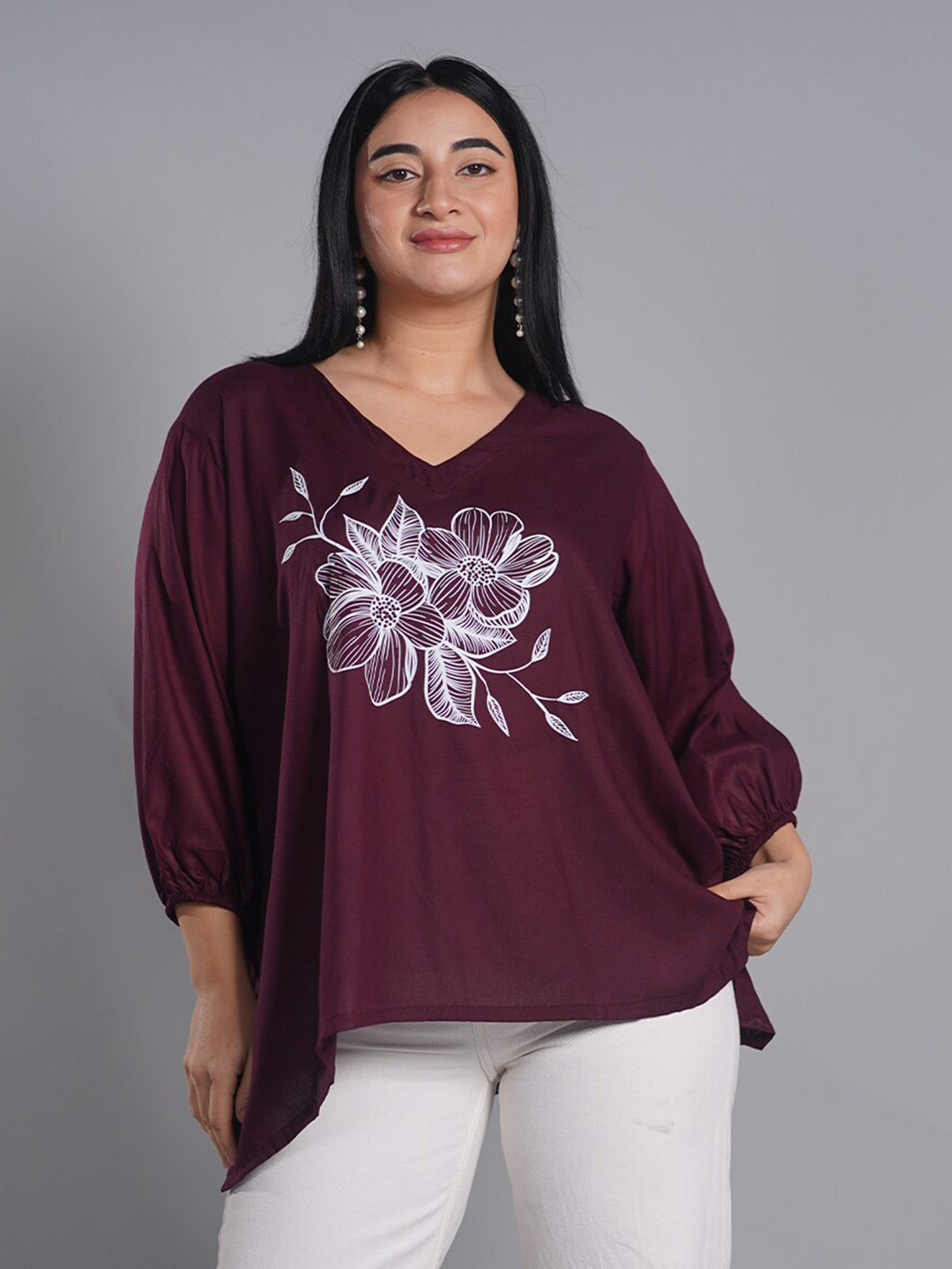 

LetsDressUp V Neck Floral Printed Three-Quarter Puff Sleeves Cotton Top, Burgundy