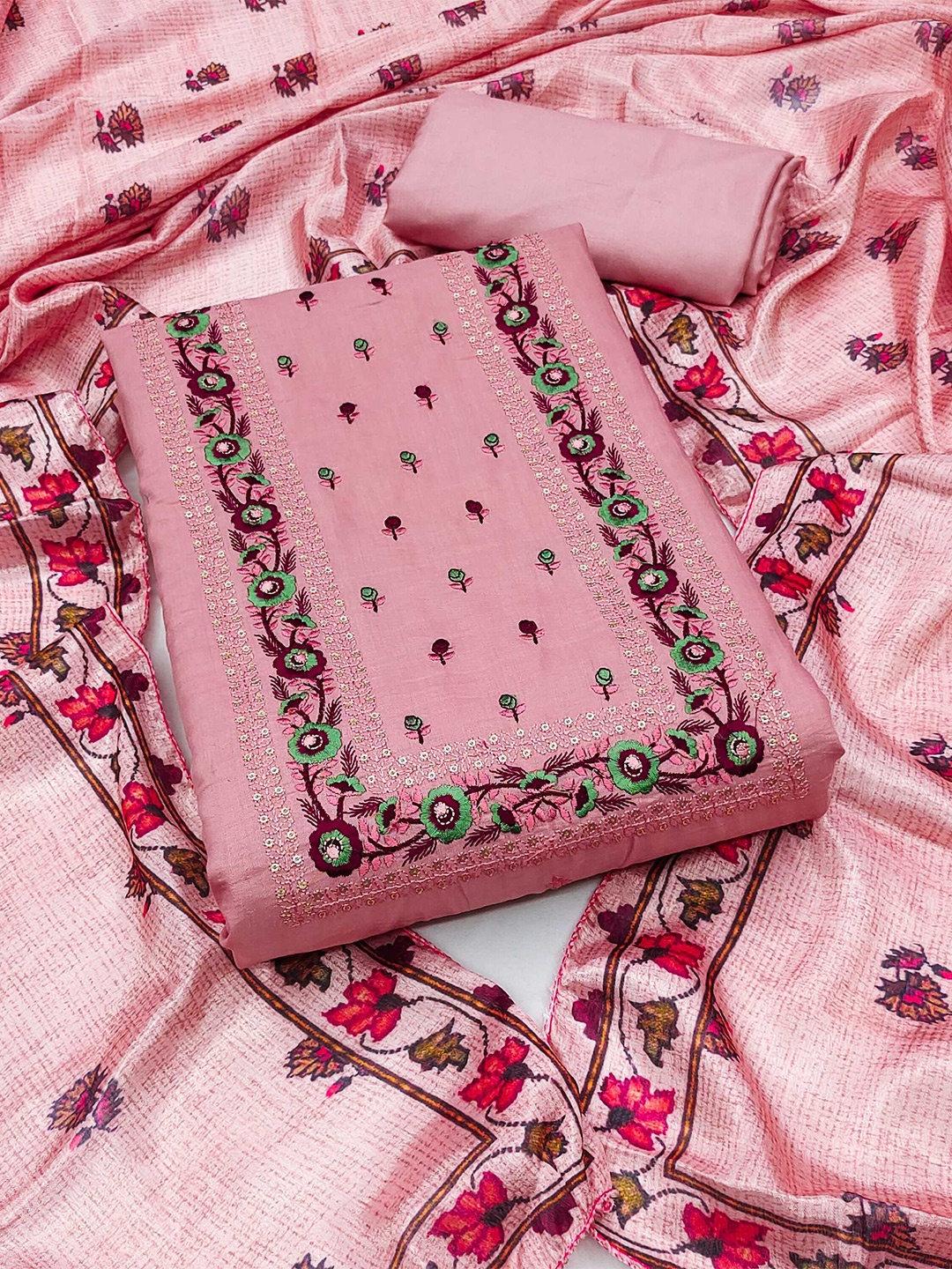 

KALINI Floral Embroidered Sequinned Unstitched Dress Material, Pink