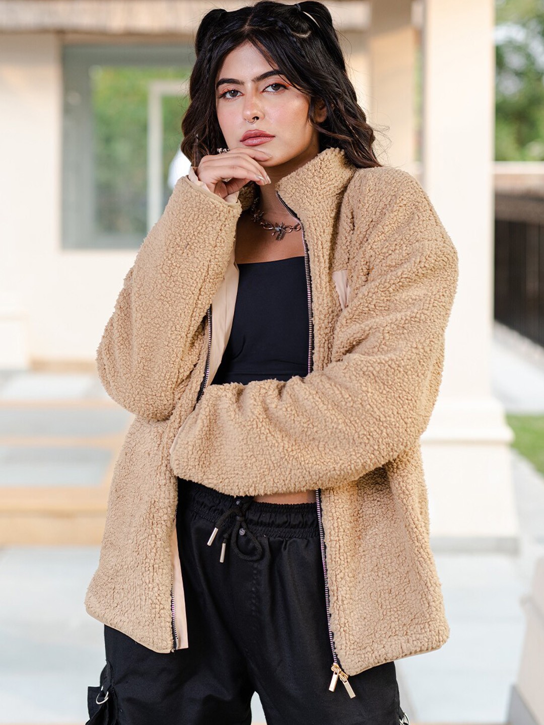 

Tistabene Collarless Lightweight Fleece Tailored Jacket, Beige