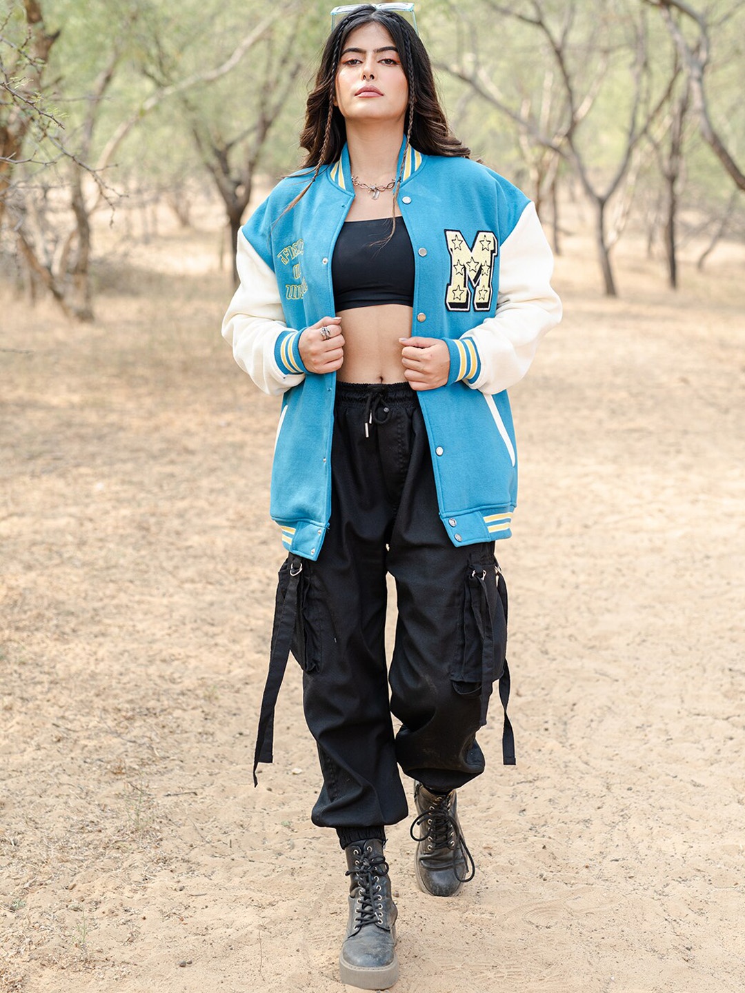 

Tistabene Typography Printed Stand Collar Long Sleeves Lightweight Varsity Jacket, Teal