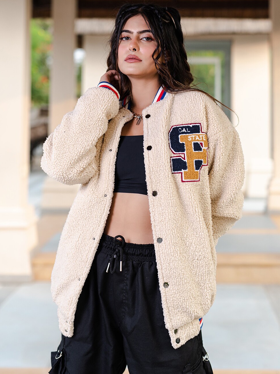 

Tistabene Lightweight Mock Collar Cotton Varsity Jacket, Off white