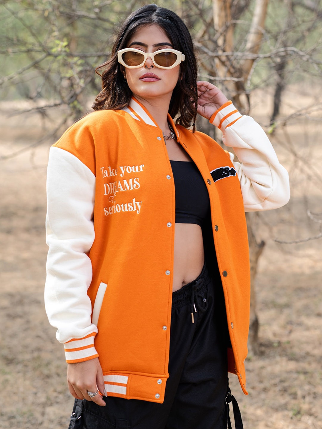 

Tistabene Lightweight Typography Printed Cotton Varsity Jacket, Orange