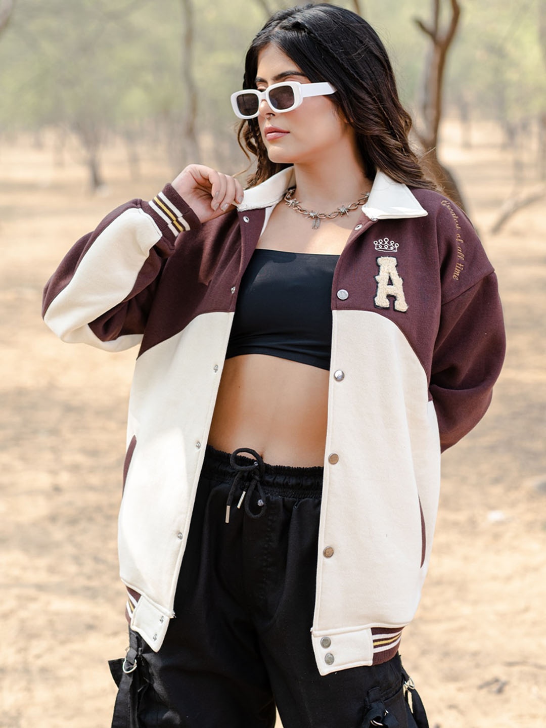 

Tistabene Colourblocked Spread Collar Lightweight Cotton Varsity Jacket, Brown