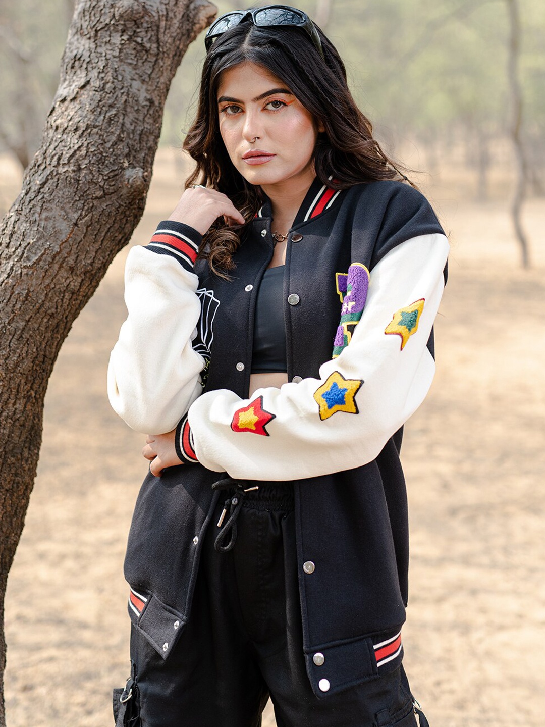 

Tistabene Printed Lightweight Cotton Varsity Jacket, Black