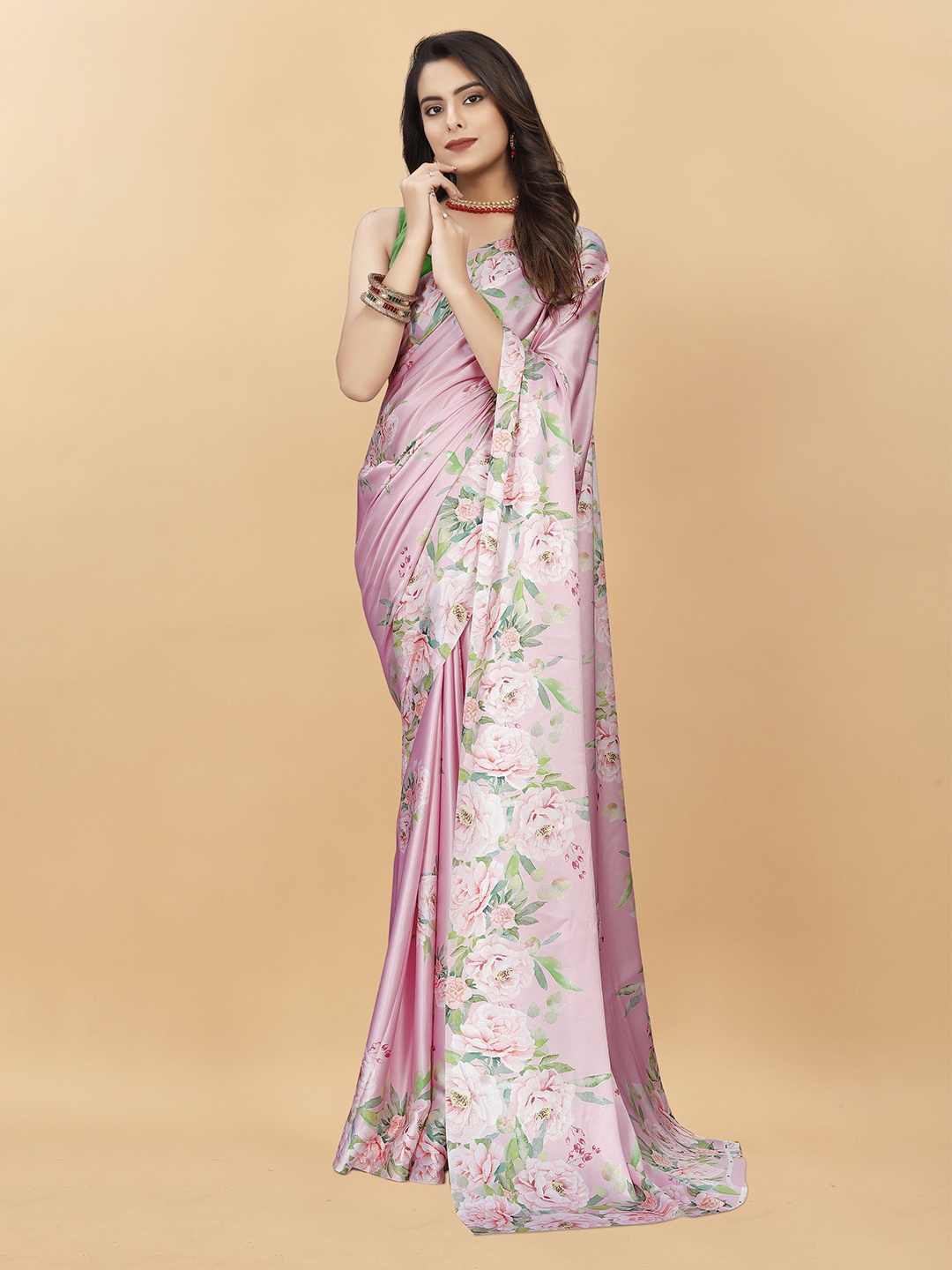 

DIVASTRI Floral Printed Satin Saree, Peach