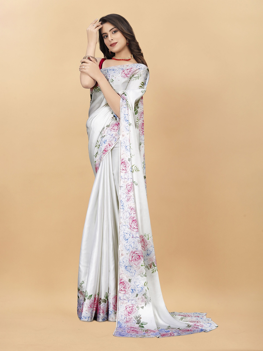 

DIVASTRI Floral Printed Satin Saree, Grey