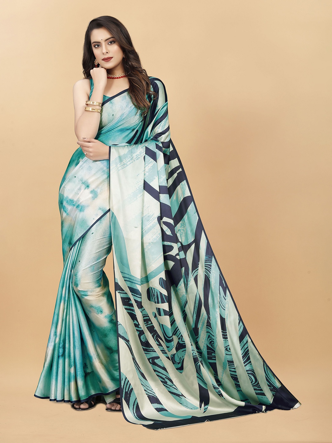 

DIVASTRI Abstract Digital Printed Satin Saree, Blue