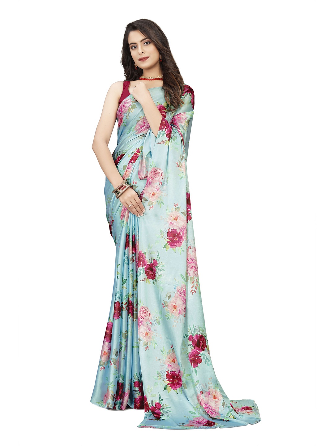 

DIVASTRI Floral Printed Satin Saree, Blue