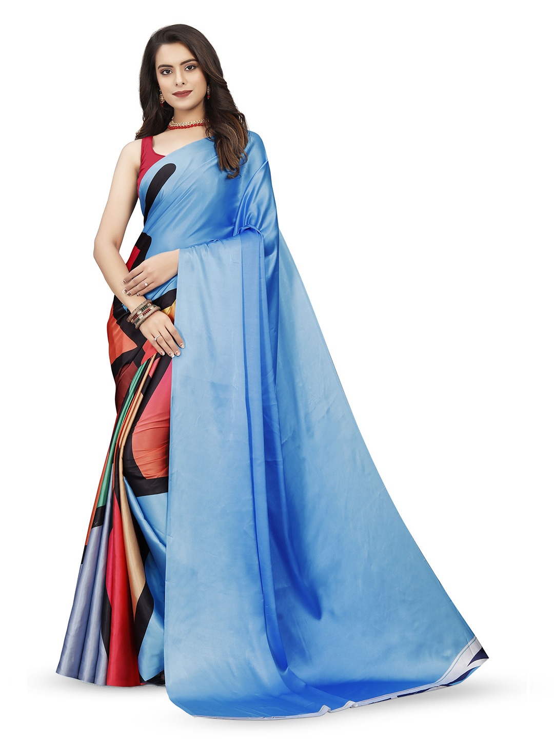 

DIVASTRI Abstract Printed Satin Saree, Blue