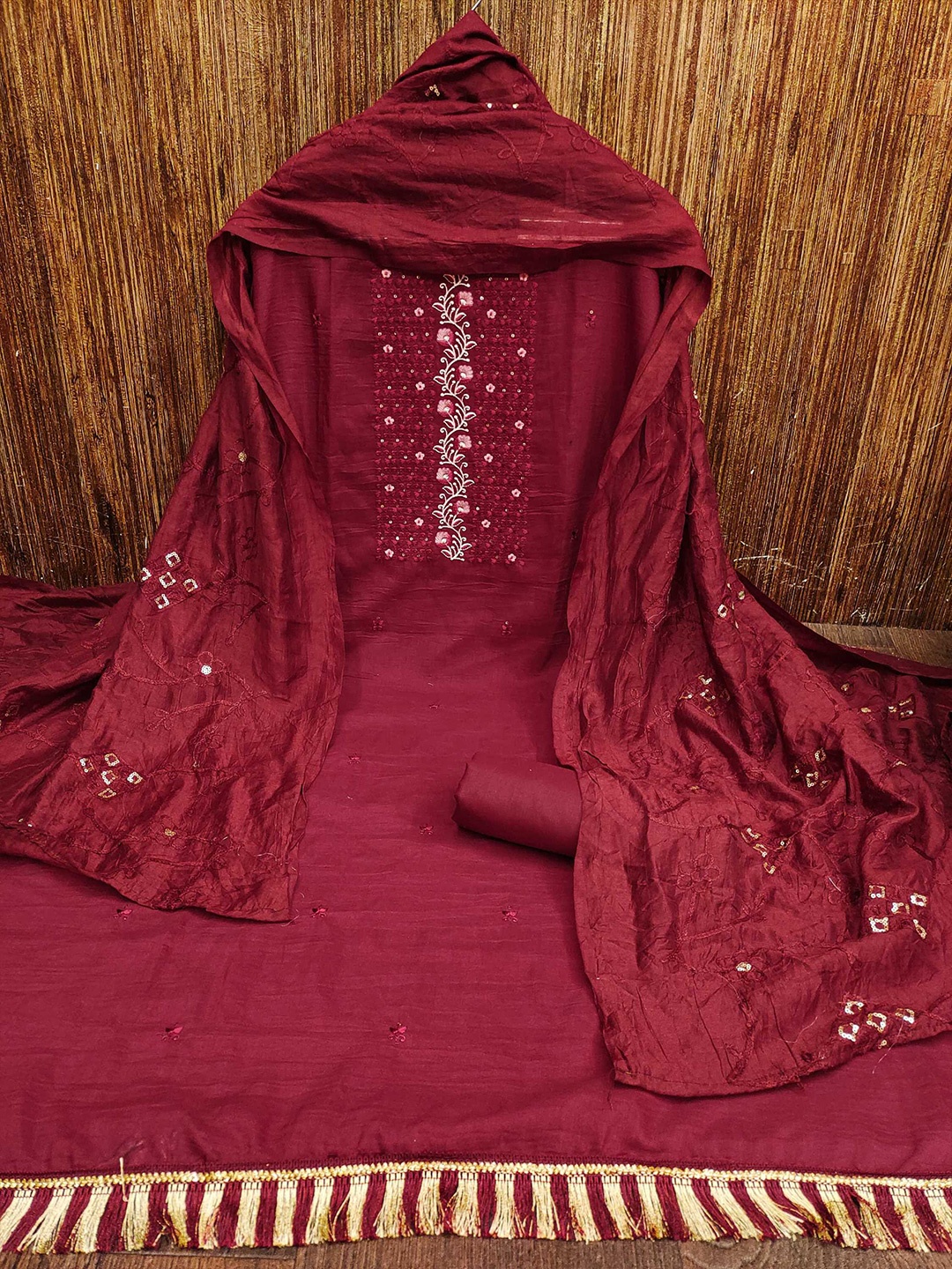 

KALINI Floral Embroidered Sequinned Unstitched Dress Material, Maroon