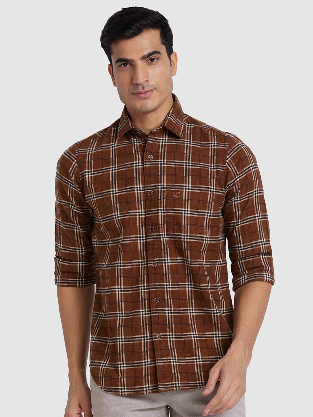 ColorPlus Standard Tartan Checks Opaque Cotton Casual Shirt, Brown