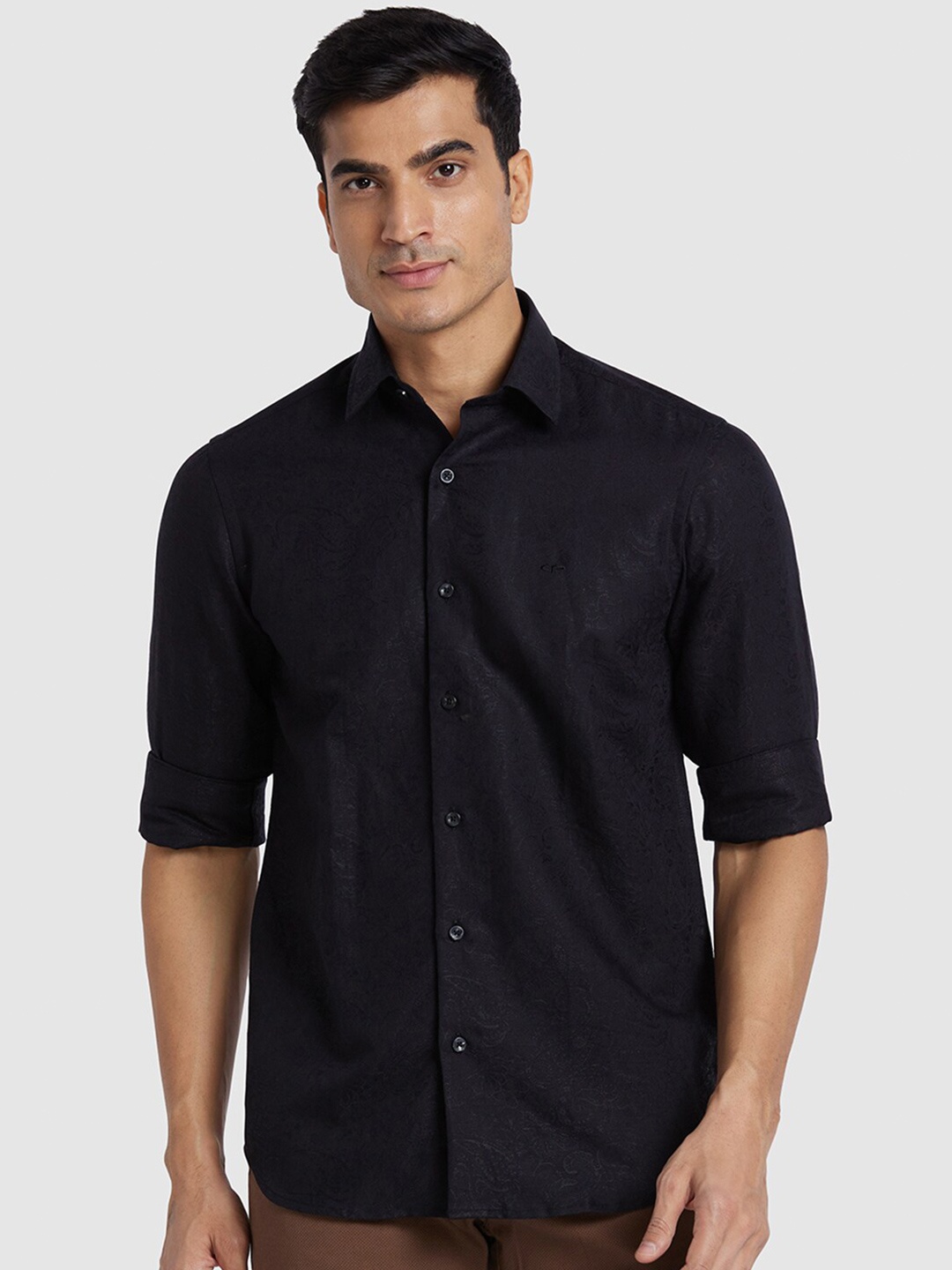 

ColorPlus Paisley Self Design Opaque Curved Hem Cotton Casual Shirt, Black