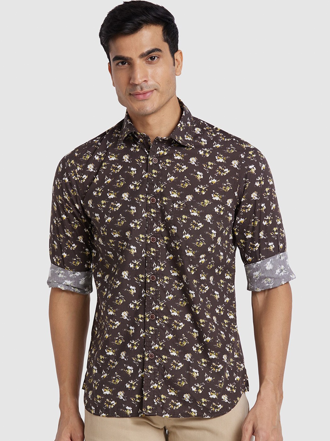 

ColorPlus Floral Printed Opaque Standard Cotton Casual Shirt, Brown