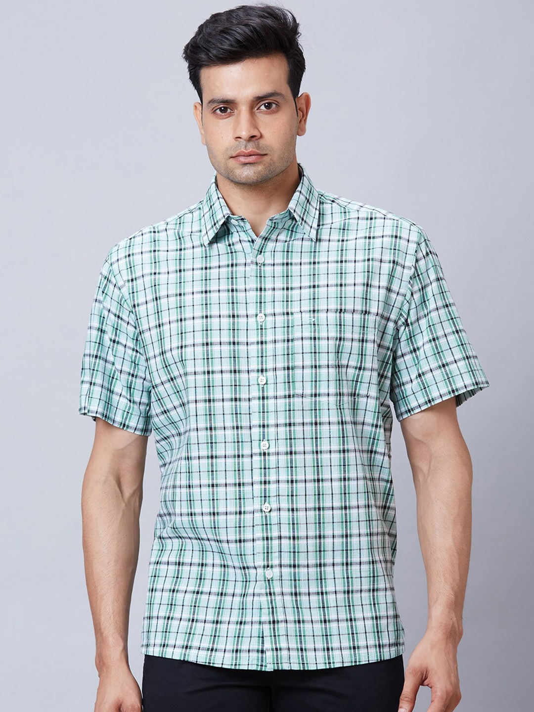 

ColorPlus Tartan Checks Opaque Short Sleeves Cotton Casual Shirt, Green