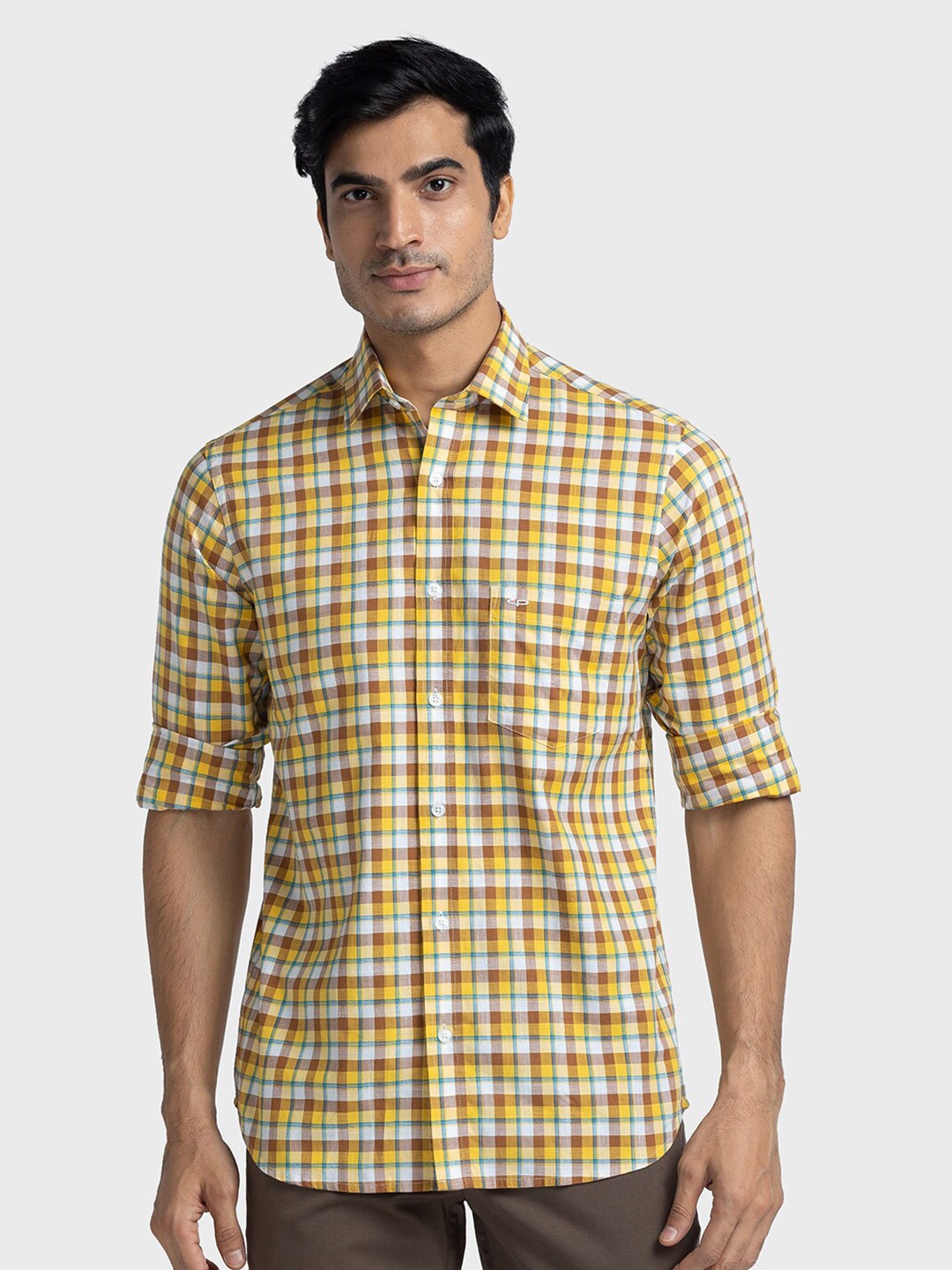 

ColorPlus Tartan Checks Opaque Short Sleeves Cotton Casual Shirt, Yellow