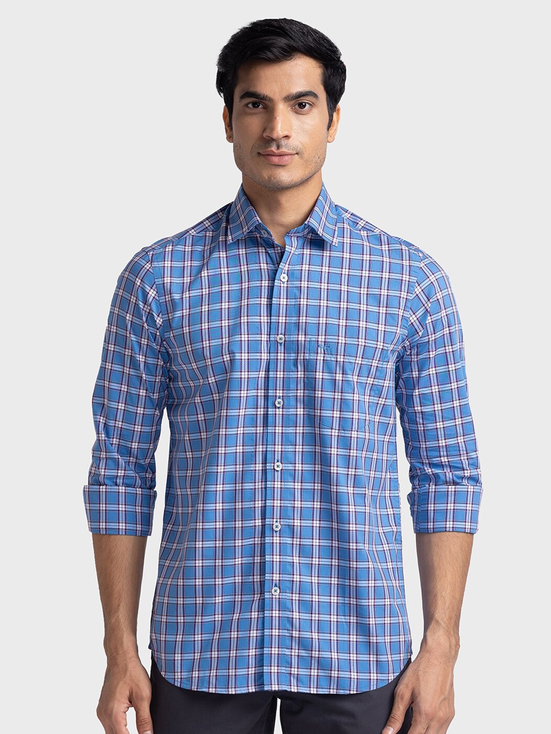 

ColorPlus Custom Tailored Fit Tartan Checked Cotton Opaque Casual Shirt, Blue