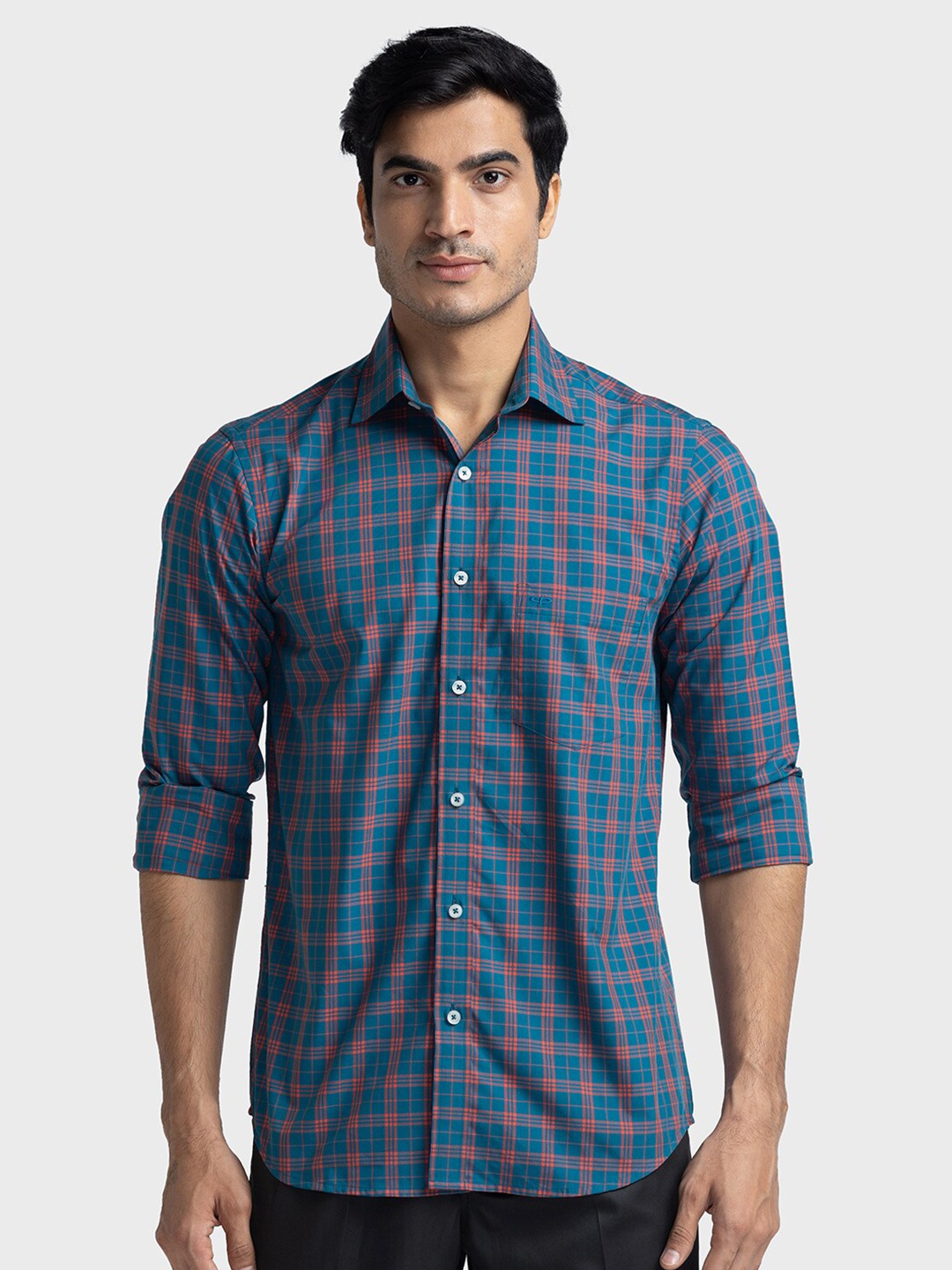 

ColorPlus Custom Tailored Fit Tartan Checked Cotton Opaque Casual Shirt, Blue