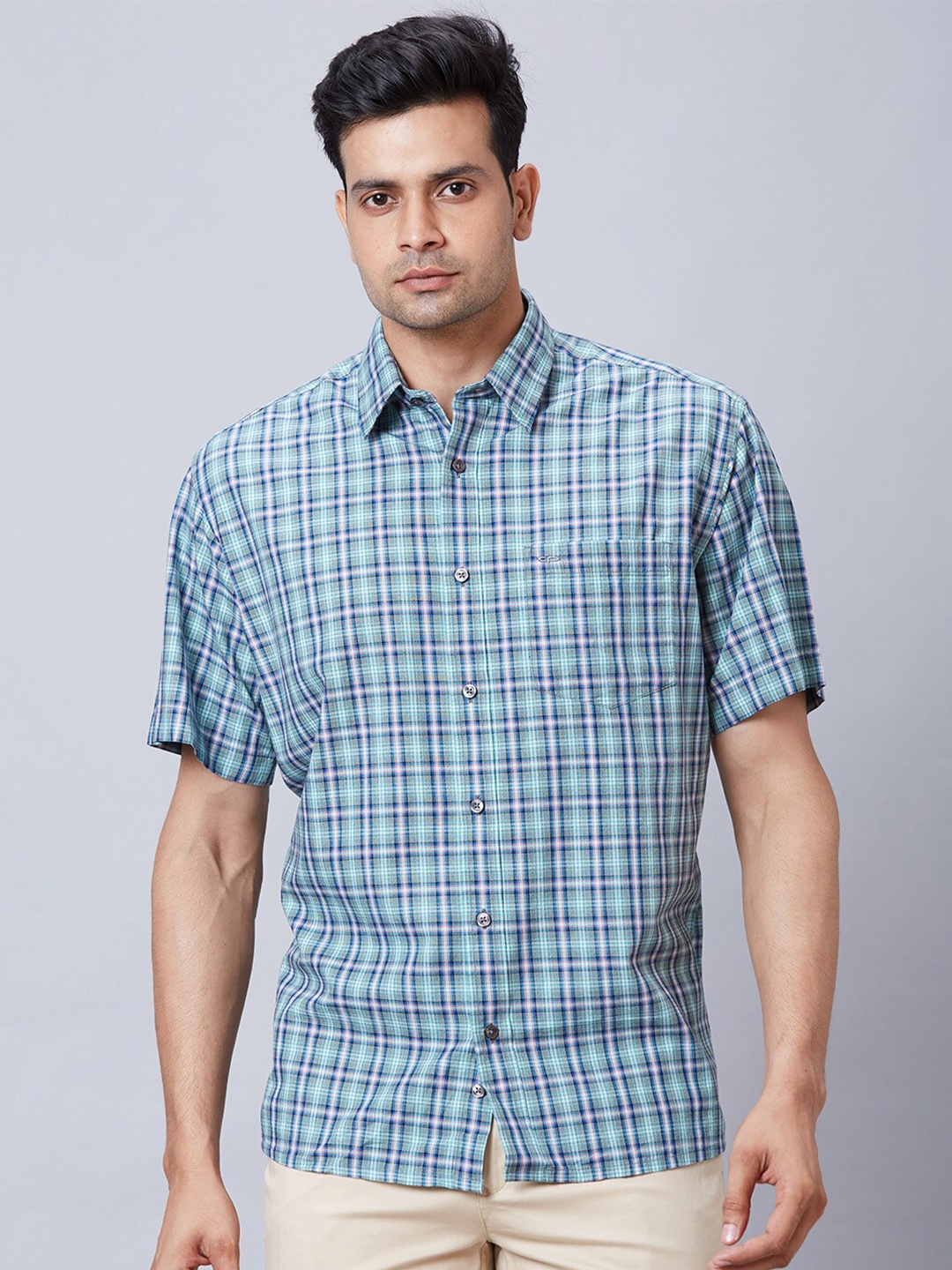 

ColorPlus Standard Tartan Checks Cotton Opaque Checked Casual Shirt, Sea green