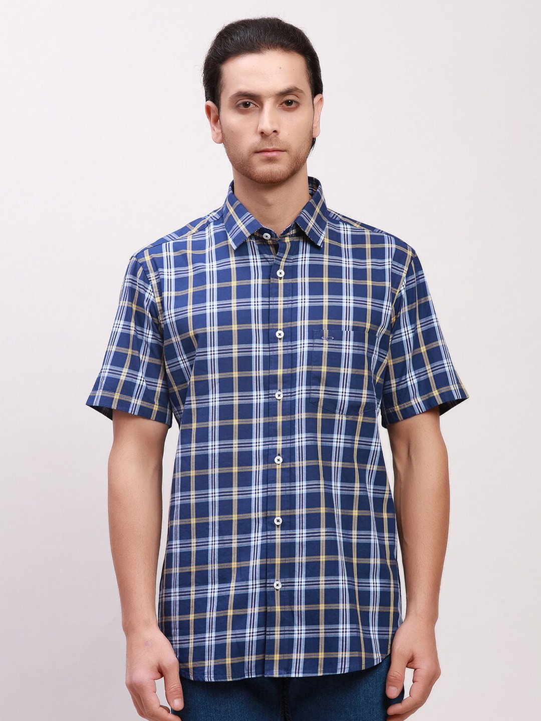 

ColorPlus Cotton Custom Tailored Fit Tartan Checks Opaque Checked Casual Shirt, Navy blue