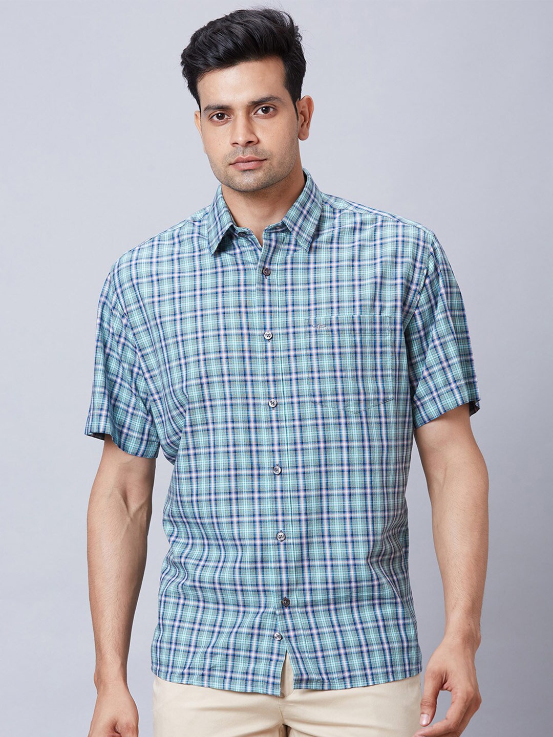 

ColorPlus Standard Tartan Checks Cotton Opaque Checked Casual Shirt, Green