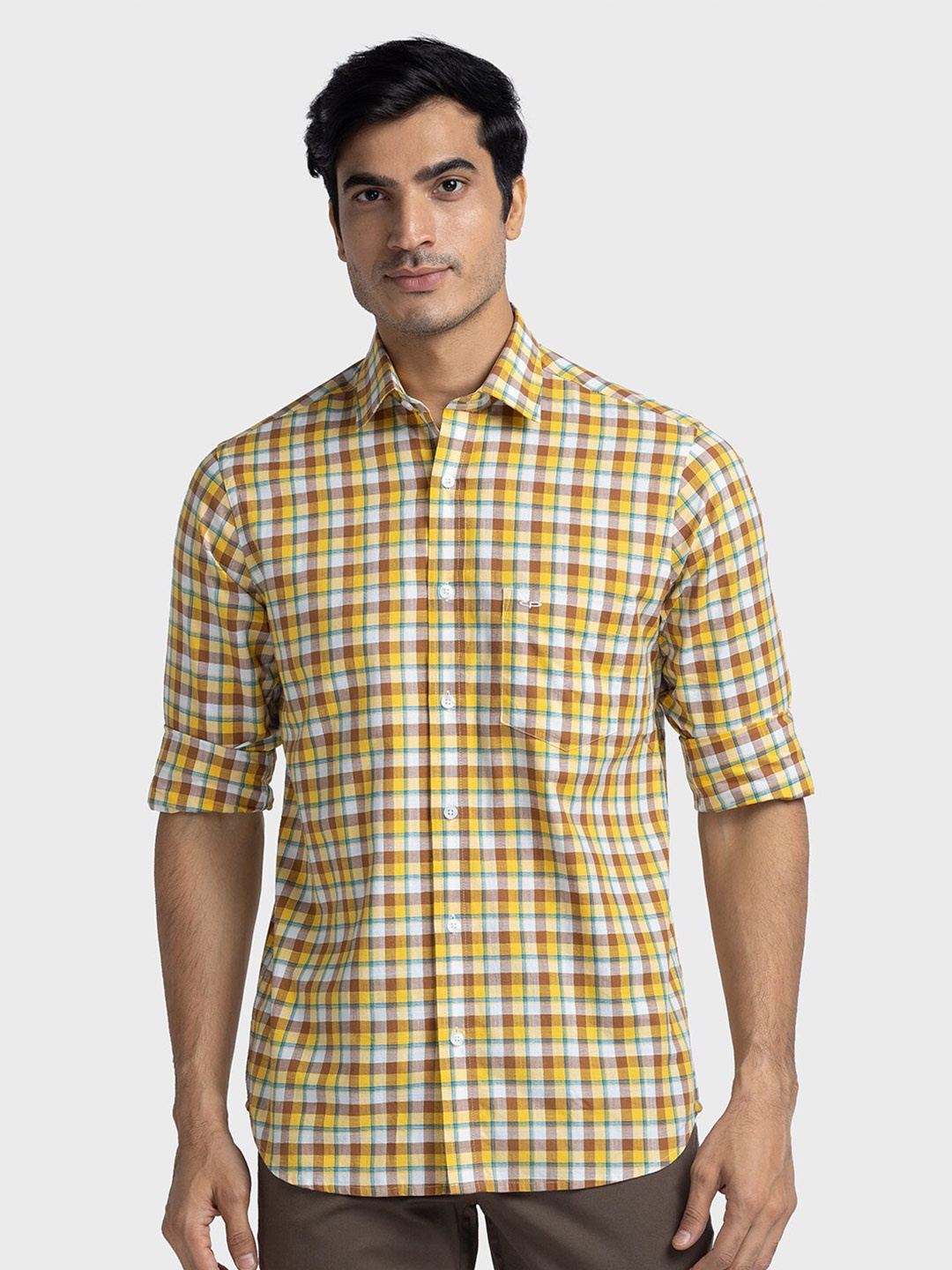 

ColorPlus Custom Tailored Fit Tartan Checks Cotton Opaque Checked Casual Shirt, Yellow