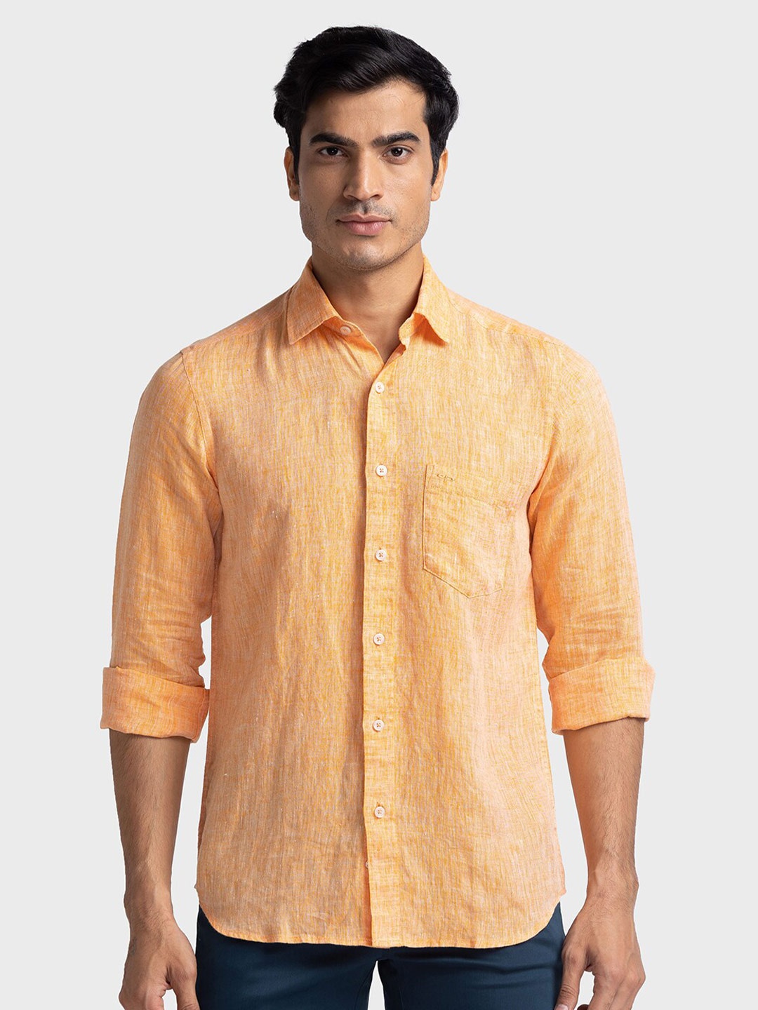 

ColorPlus Custom Tailored Fit Tartan Checks Opaque Cotton Casual Shirt, Orange